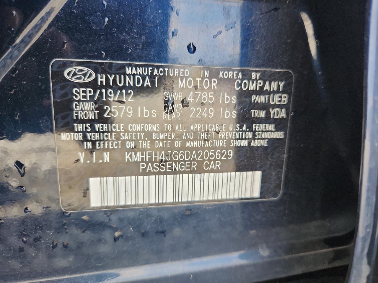 2013 Hyundai Azera Gls VIN: KMHFH4JG6DA205629 Lot: 81187155