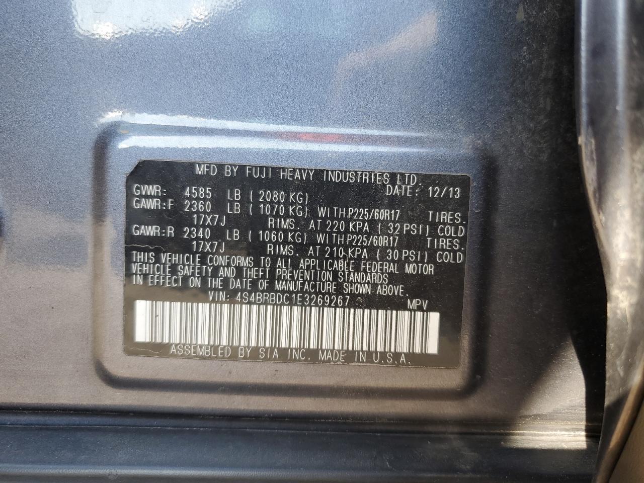 2014 Subaru Outback 2.5I Premium VIN: 4S4BRBDC1E3269267 Lot: 80864665