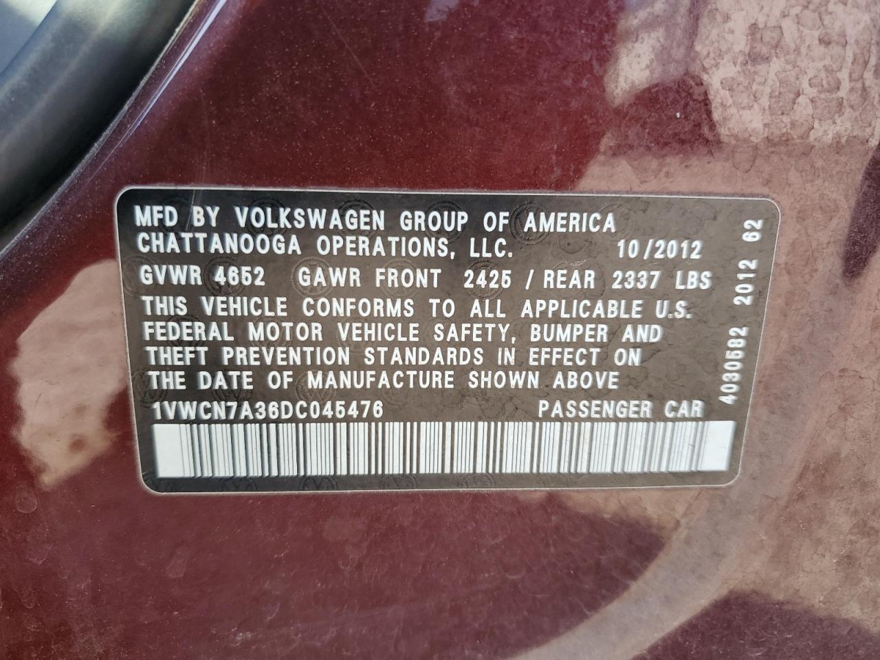 2013 Volkswagen Passat Sel VIN: 1VWCN7A36DC045476 Lot: 80658145
