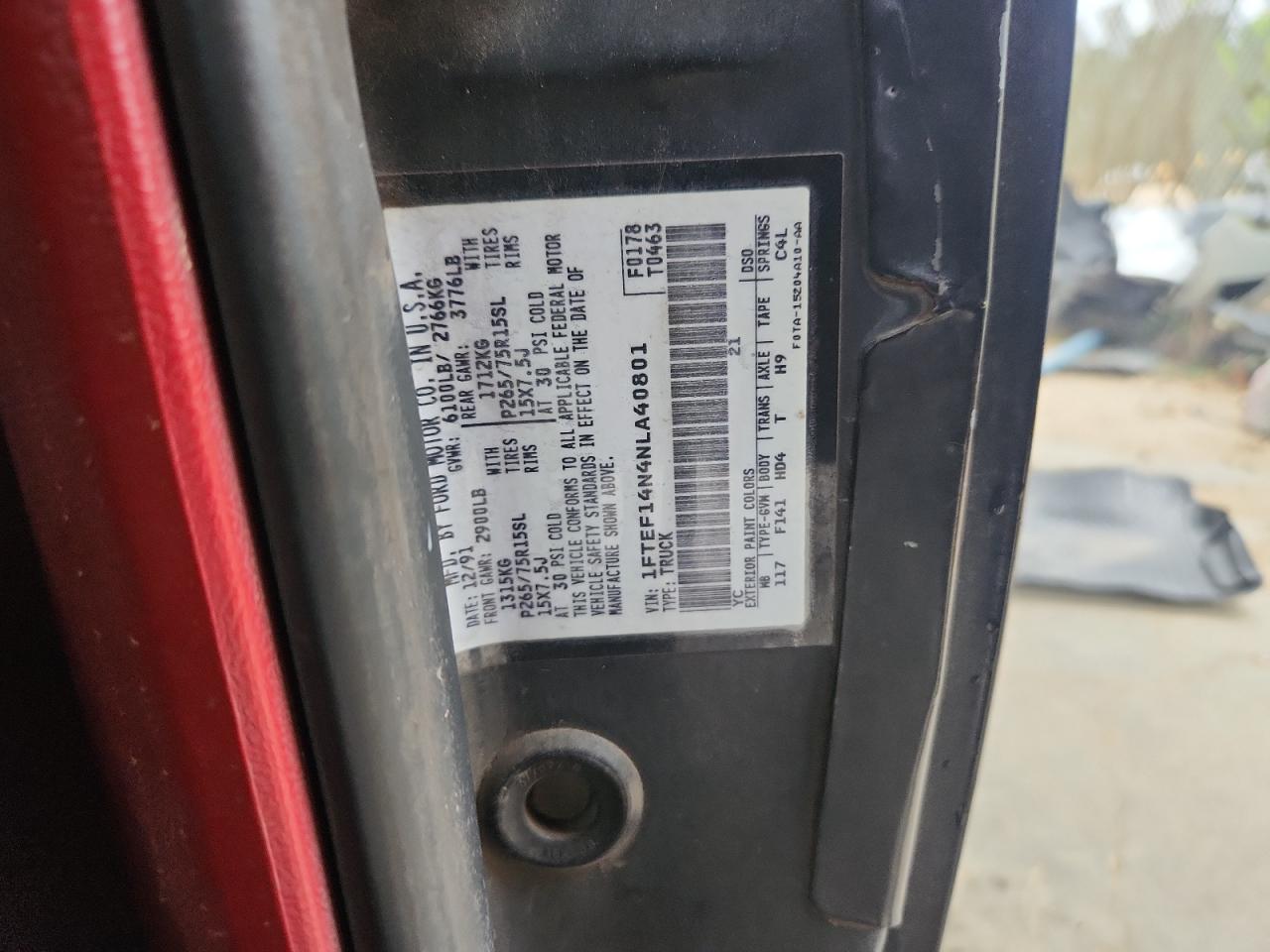 1992 Ford F150 VIN: 1FTEF14N4NLA40801 Lot: 84423975
