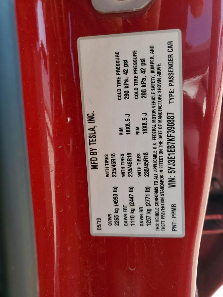 2019 Tesla Model 3 VIN: 5YJ3E1EB7KF390887 Lot: 71752395