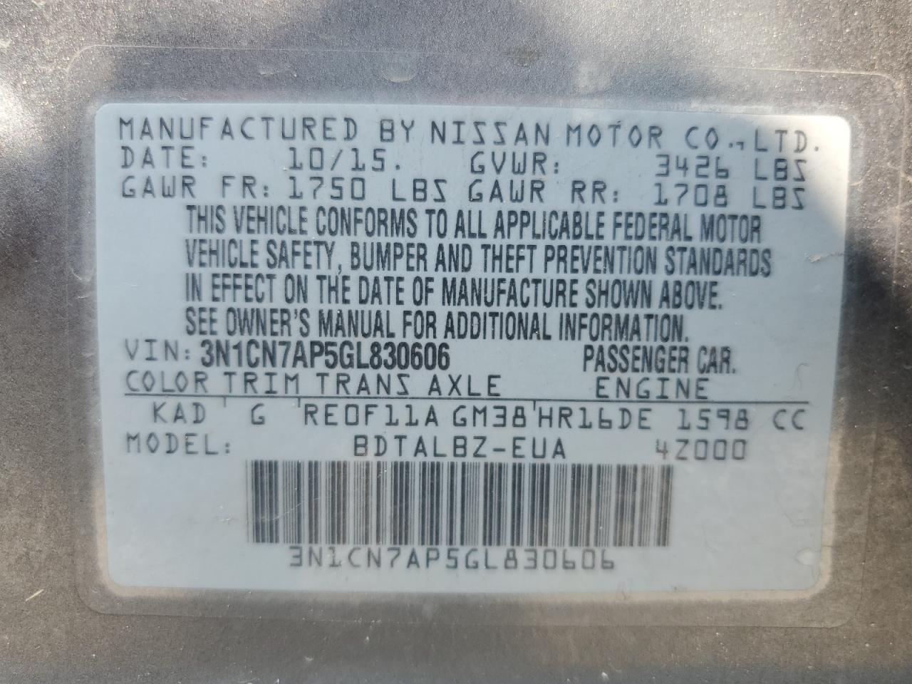 2016 Nissan Versa S VIN: 3N1CN7AP5GL830606 Lot: 85858645