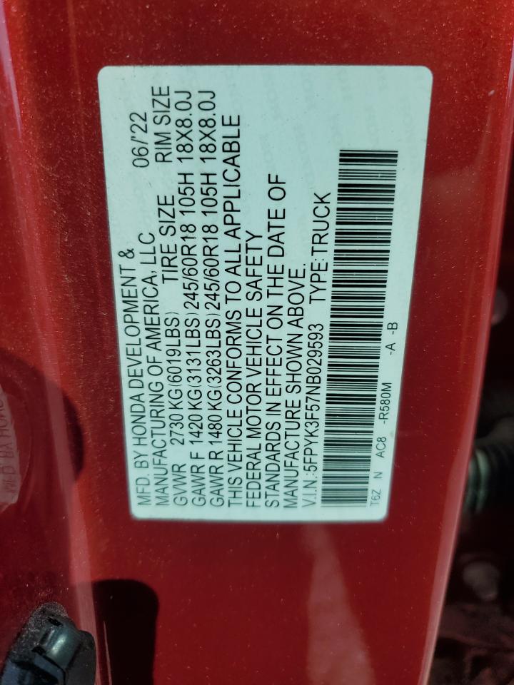 2022 Honda Ridgeline Rtl VIN: 5FPYK3F57NB029593 Lot: 71987555