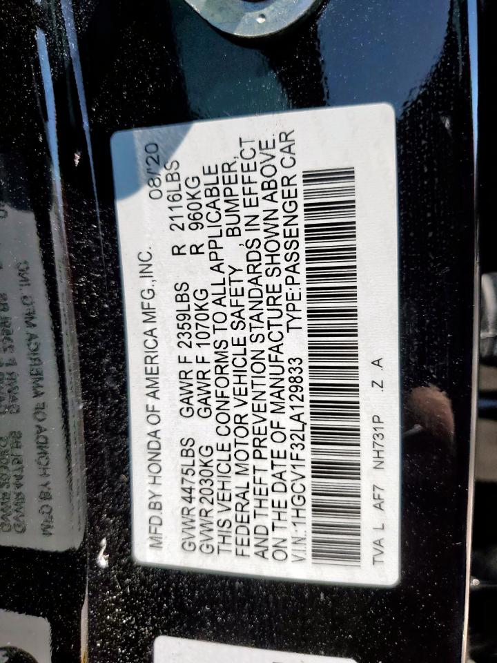 2020 Honda Accord Sport VIN: 1HGCV1F32LA129833 Lot: 80007925