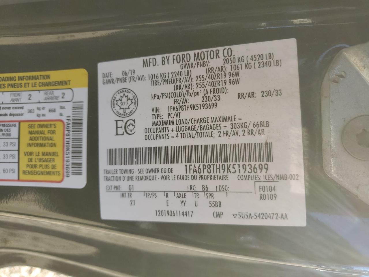 2019 Ford Mustang VIN: 1FA6P8TH9K5193699 Lot: 81154995