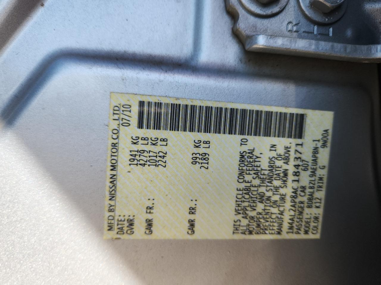 2010 Nissan Altima Base VIN: 1N4AL2AP8AC184371 Lot: 71313285