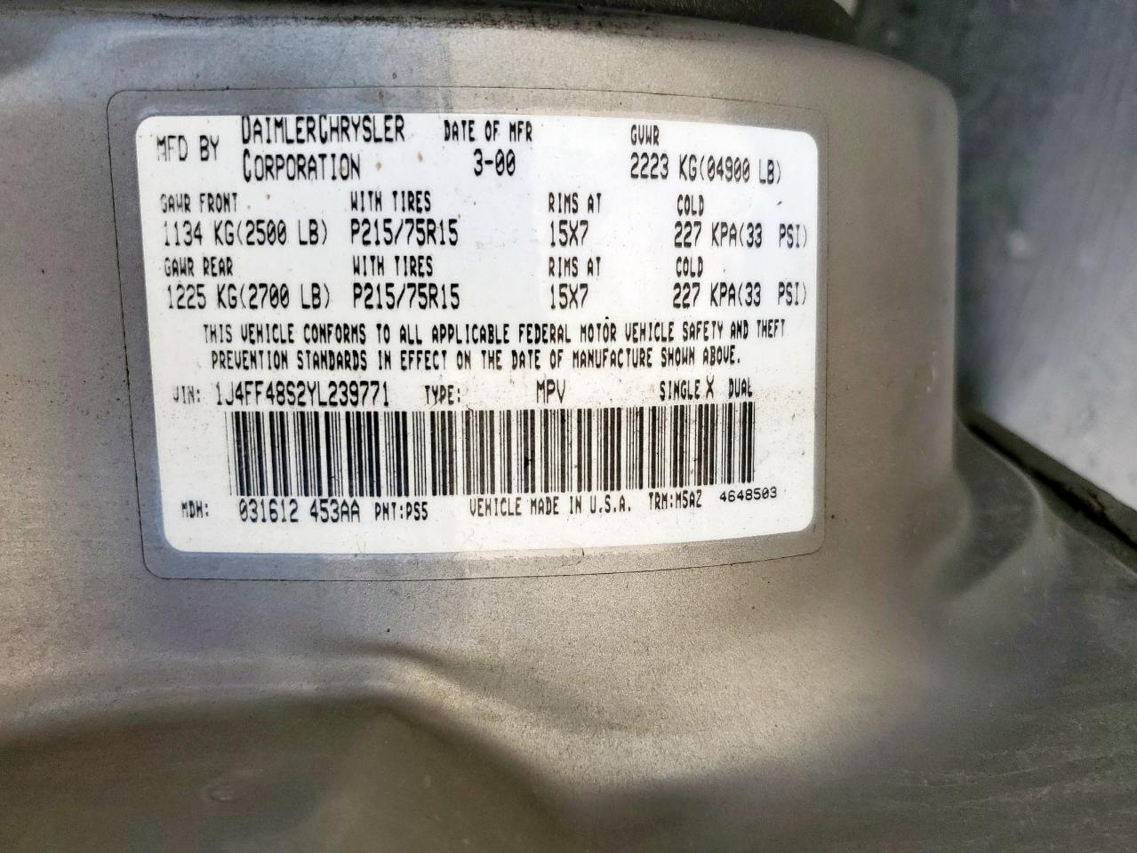 2000 Jeep Cherokee Sport VIN: 1J4FF48S2YL239771 Lot: 84818895