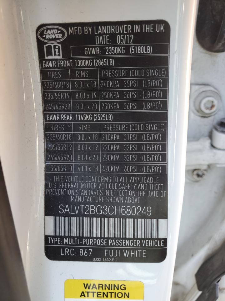 2012 Land Rover Range Rover Evoque Dynamic Premium VIN: SALVT2BG3CH680249 Lot: 81346855