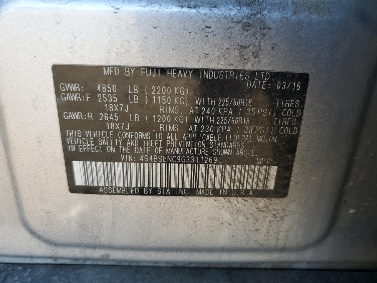 2016 Subaru Outback 3.6R Limited VIN: 4S4BSENC9G3311269 Lot: 81595375