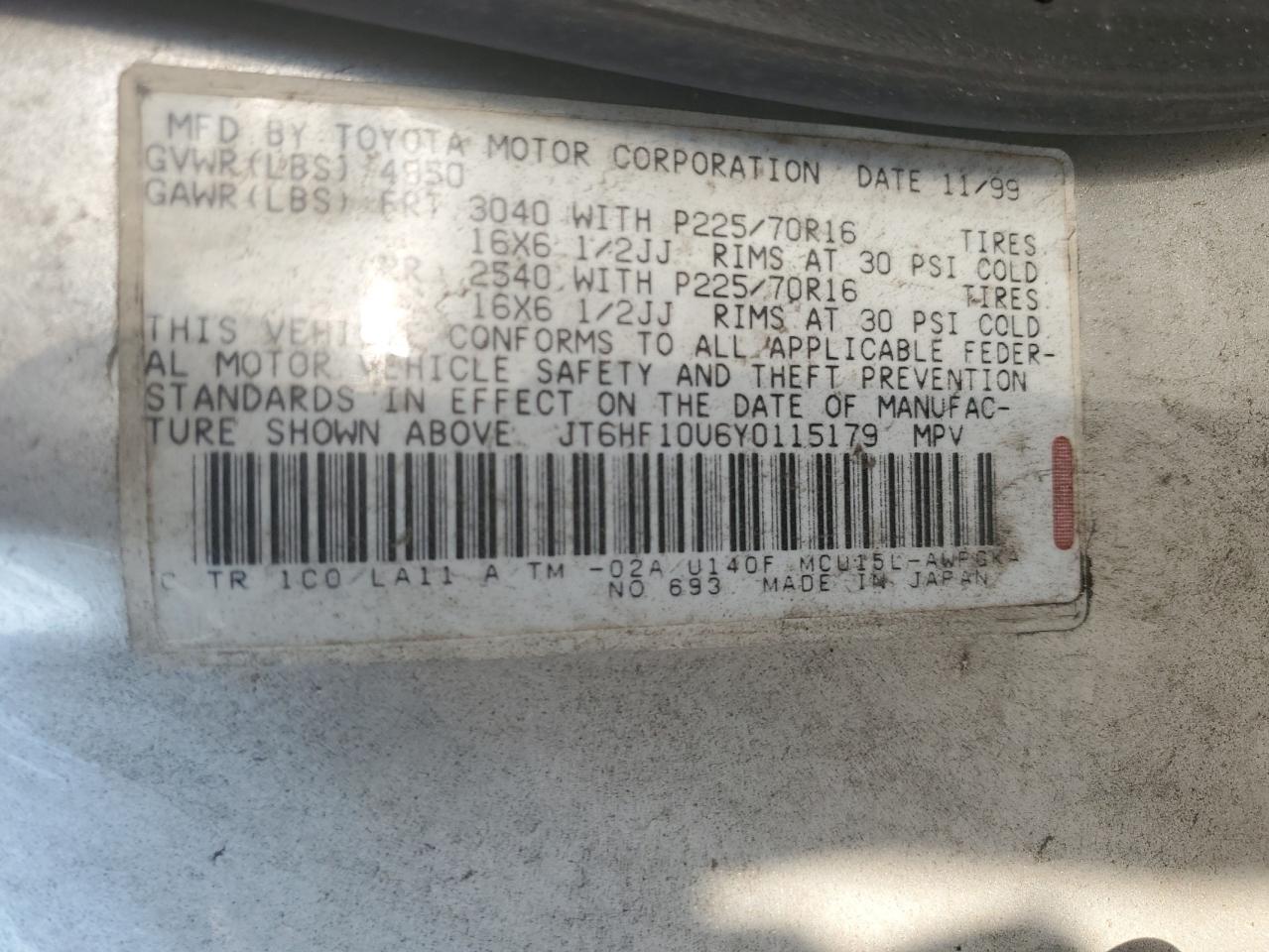 2000 Lexus Rx 300 VIN: JT6HF10U6Y0115179 Lot: 81425265