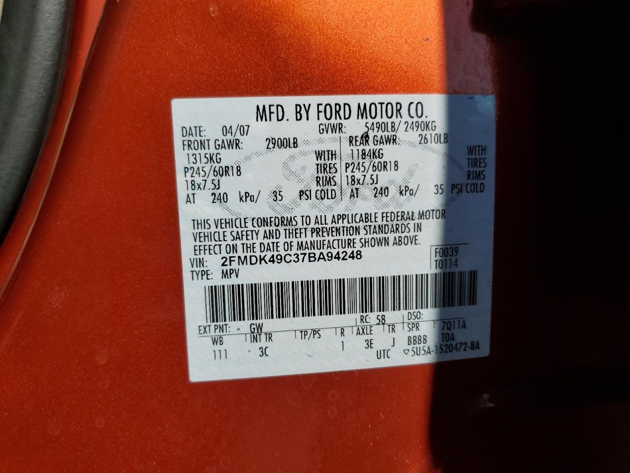 2007 Ford Edge Sel Plus VIN: 2FMDK49C37BA94248 Lot: 80700375