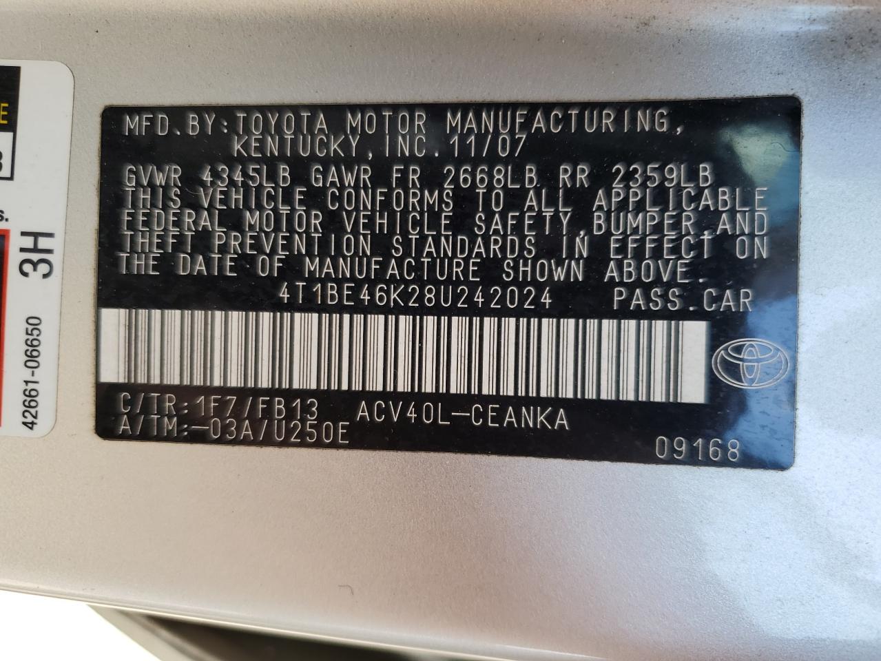 2008 Toyota Camry Ce VIN: 4T1BE46K28U242024 Lot: 72093885