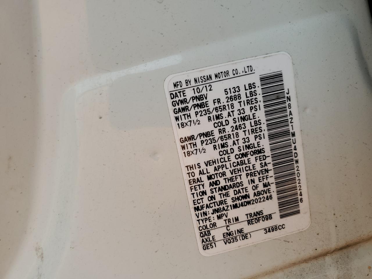 2013 Nissan Murano S VIN: JN8AZ1MU4DW202246 Lot: 80076765