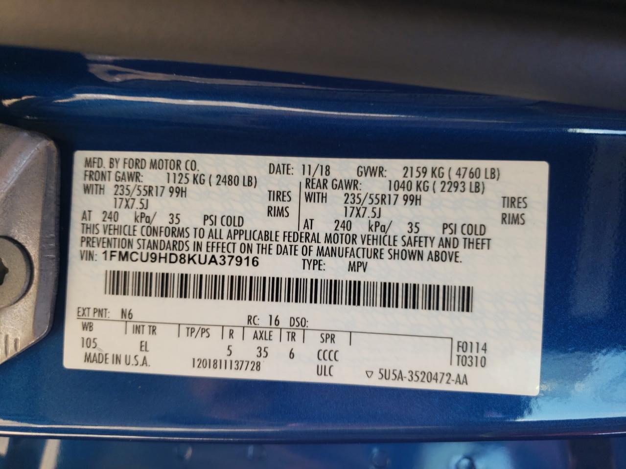 2019 Ford Escape Sel VIN: 1FMCU9HD8KUA37916 Lot: 69632555