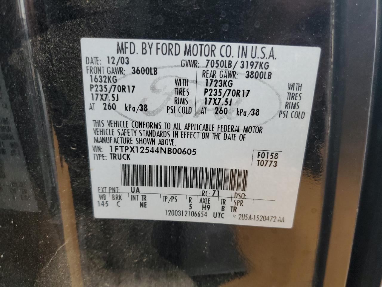 2004 Ford F150 VIN: 1FTPX12544NB00605 Lot: 84464365