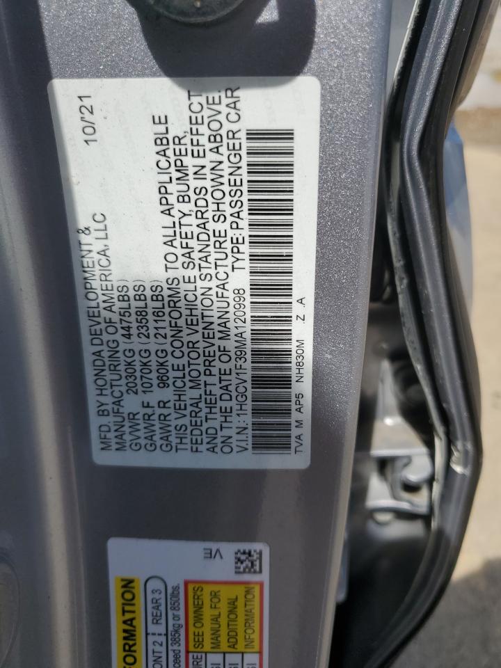 2021 Honda Accord Sport VIN: 1HGCV1F39MA120998 Lot: 84170355
