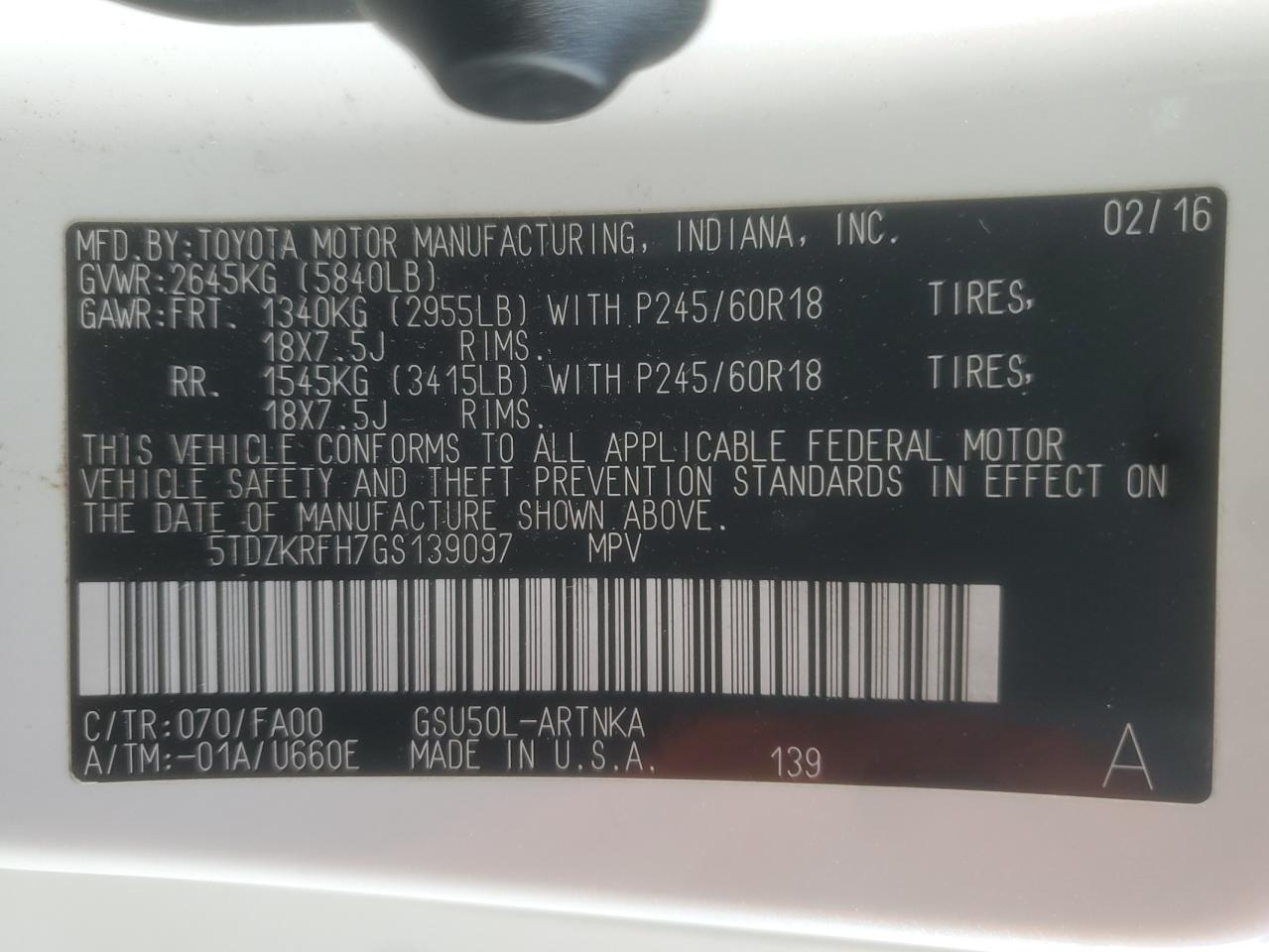 2016 Toyota Highlander Le VIN: 5TDZKRFH7GS139097 Lot: 80742335