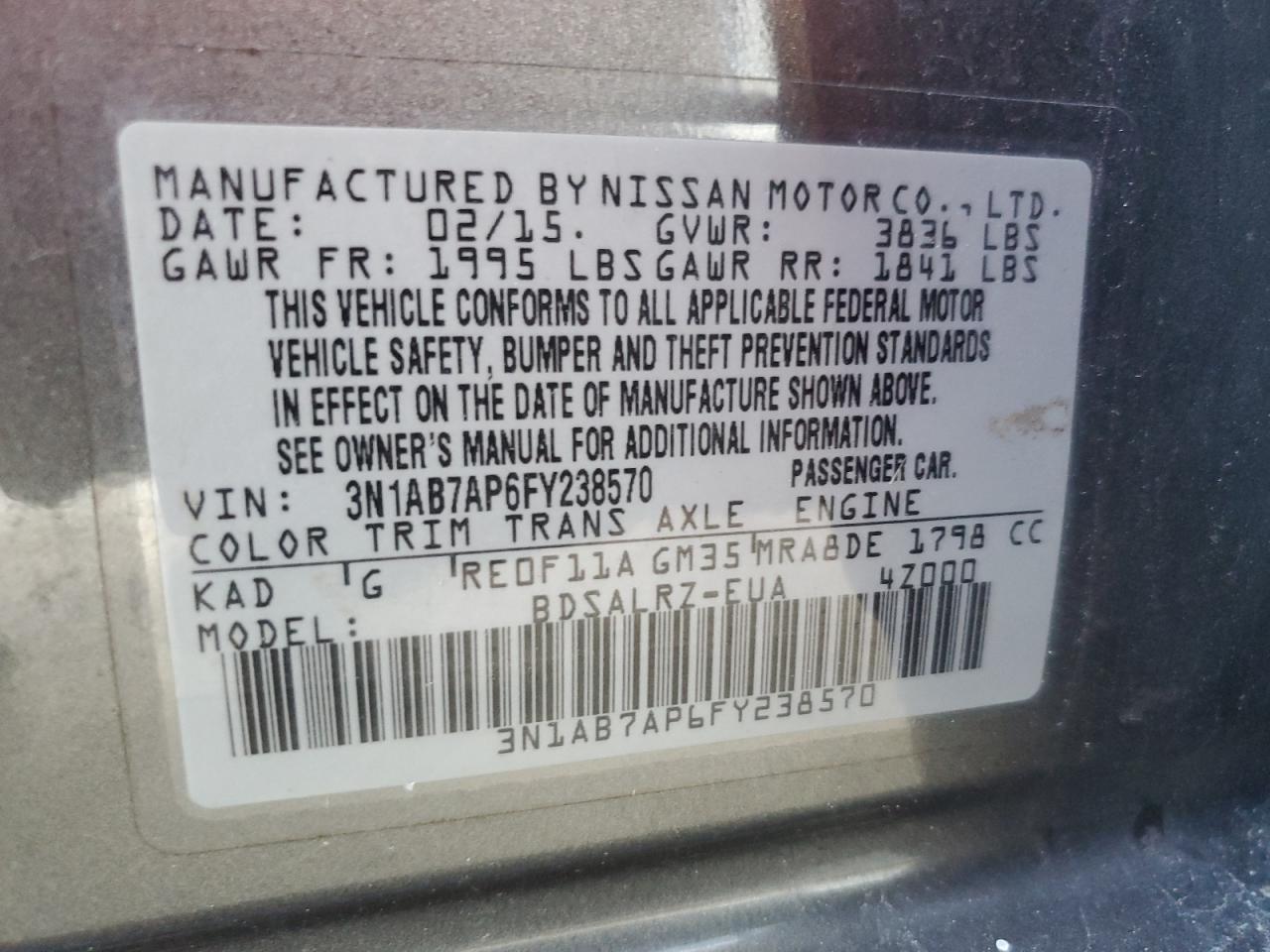 2015 Nissan Sentra S VIN: 3N1AB7AP6FY238570 Lot: 80285965