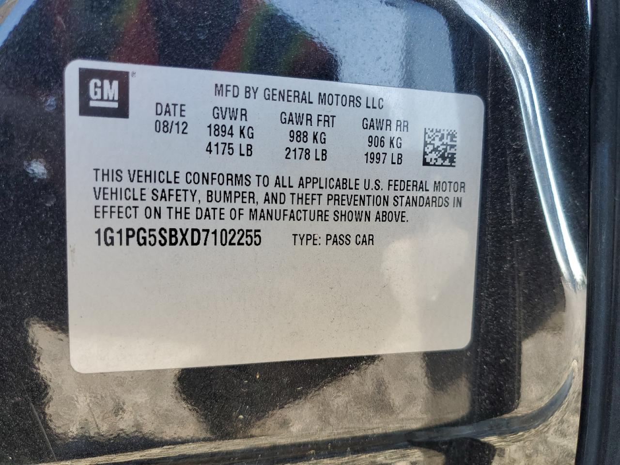 2013 Chevrolet Cruze Ltz VIN: 1G1PG5SBXD7102255 Lot: 71647205