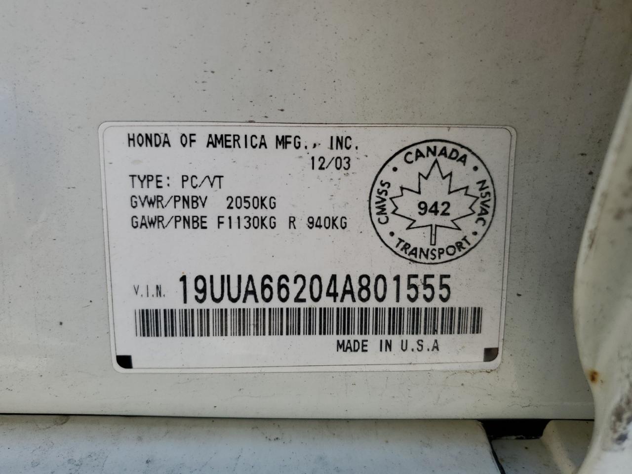 2004 Acura Tl VIN: 19UUA66204A801555 Lot: 69363235