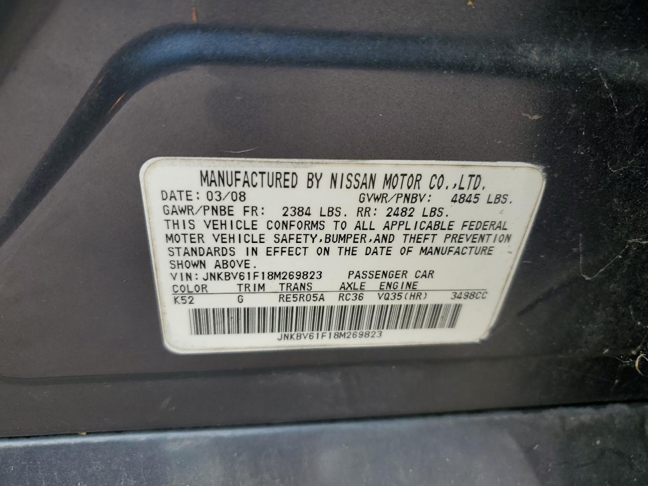 2008 Infiniti G35 VIN: JNKBV61F18M269823 Lot: 84805495