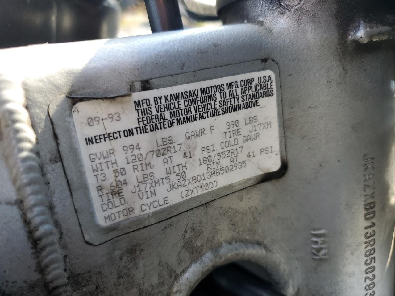 1994 Kawasaki Zx1100 D VIN: JKAZXBD13RB502935 Lot: 71881685