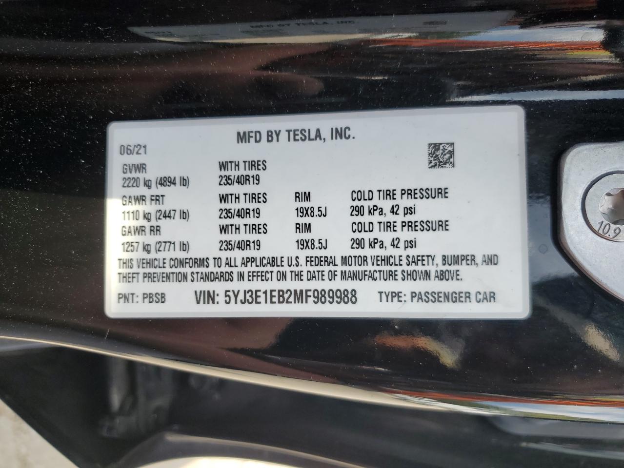 2021 Tesla Model 3 VIN: 5YJ3E1EB2MF989988 Lot: 80153205