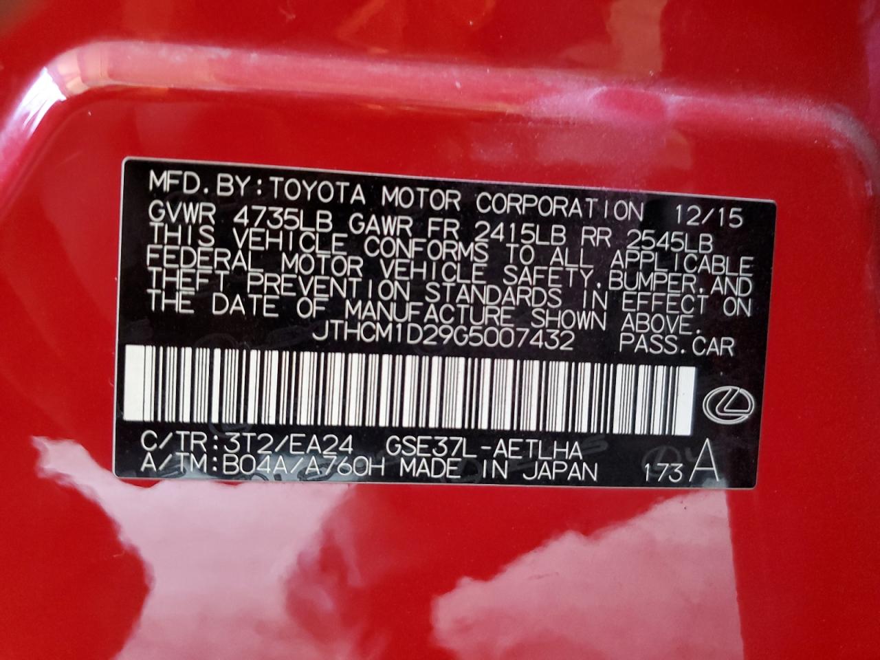 2016 Lexus Is 300 VIN: JTHCM1D29G5007432 Lot: 84001465