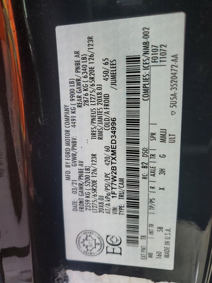 2021 Ford F250 Super Duty VIN: 1FT7W2BTXMED34996 Lot: 80235155