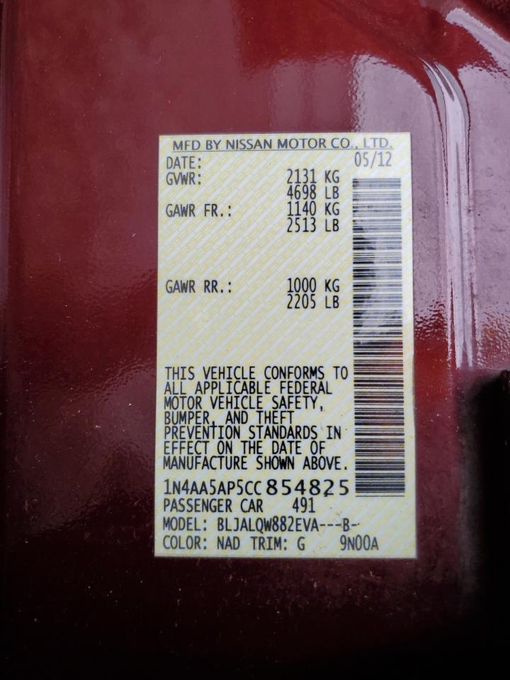 2012 Nissan Maxima S VIN: 1N4AA5AP5CC854825 Lot: 81683075