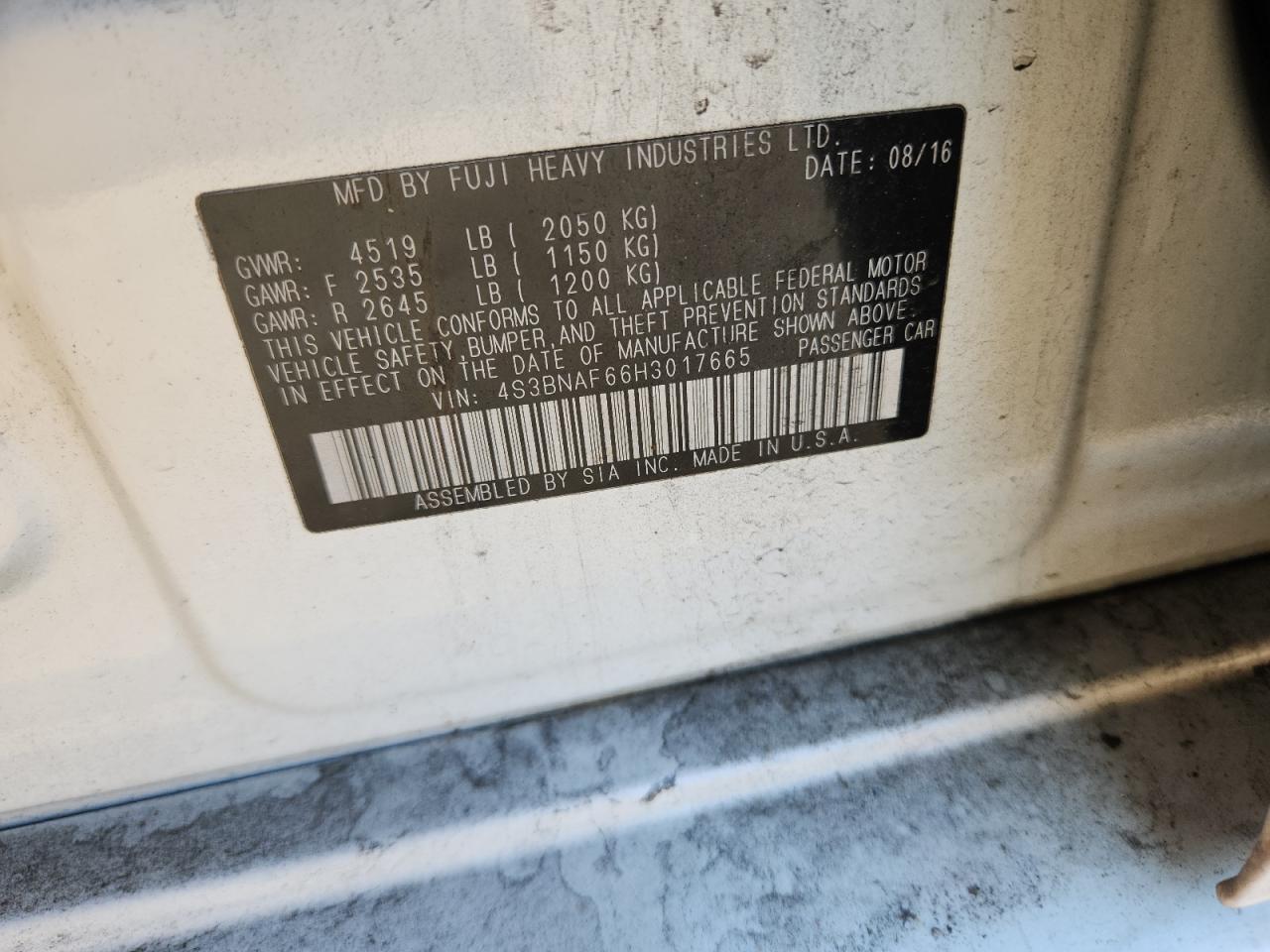 2017 Subaru Legacy 2.5I Premium VIN: 4S3BNAF66H3017665 Lot: 71686595