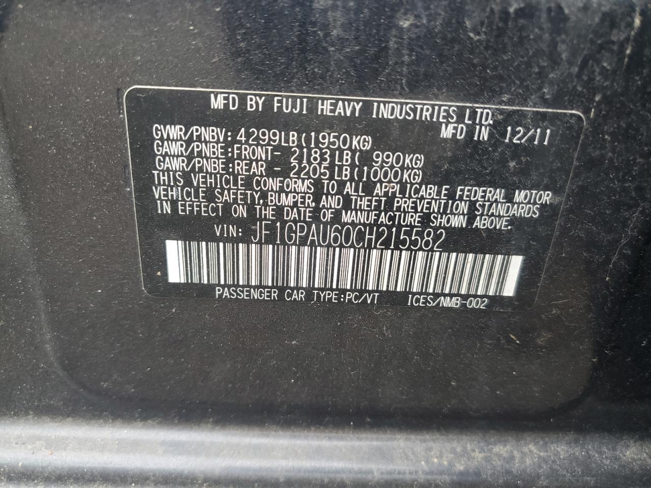 2012 Subaru Impreza Sport Limited VIN: JF1GPAU60CH215582 Lot: 83829165