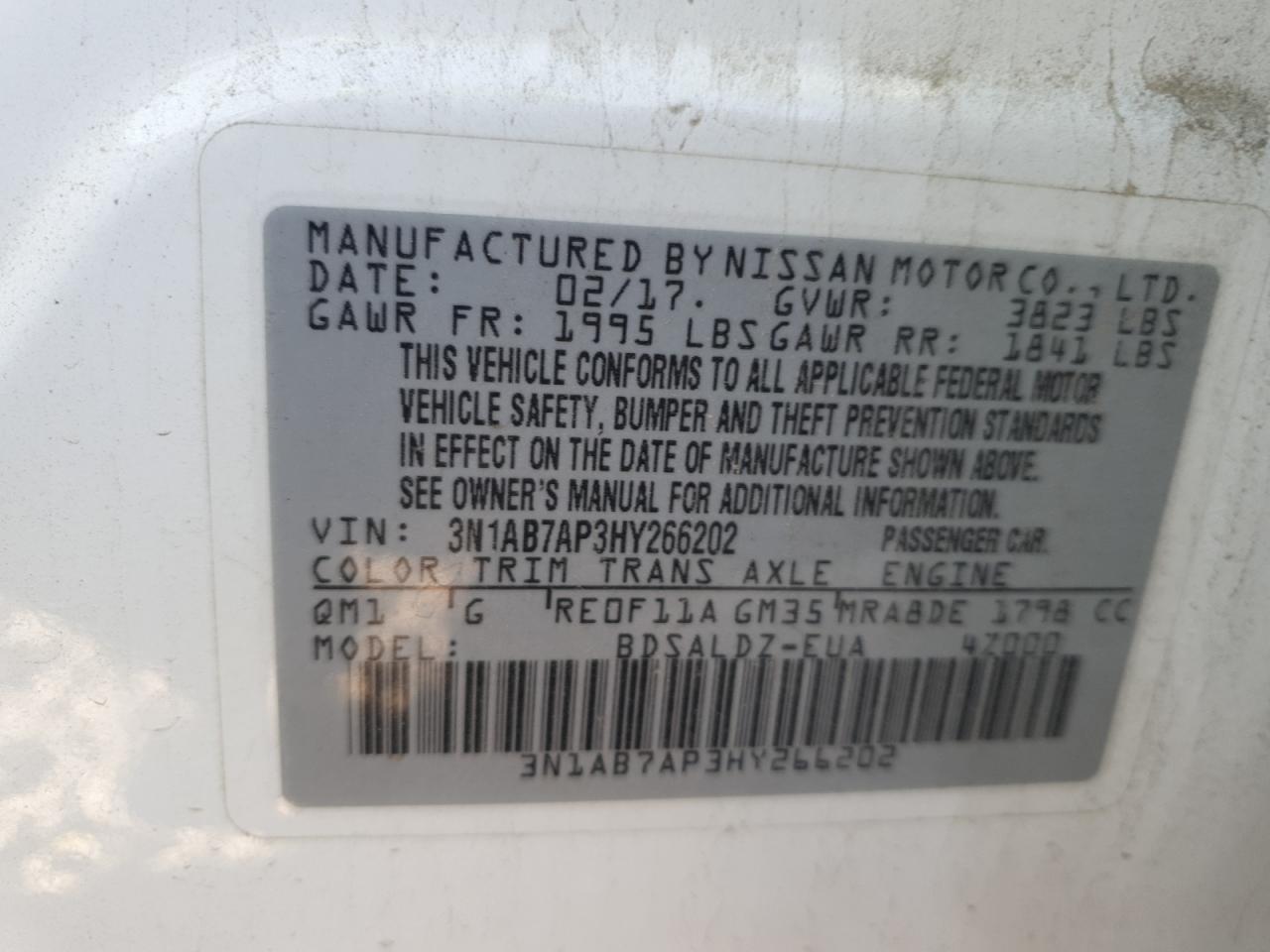 2017 Nissan Sentra S VIN: 3N1AB7AP3HY266202 Lot: 71449815