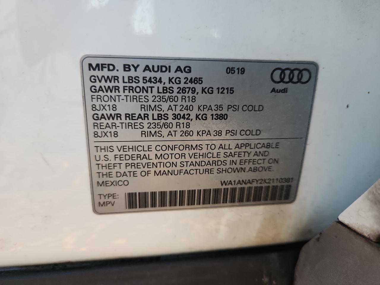 2019 Audi Q5 Premium VIN: WA1ANAFY2K2110381 Lot: 80813075