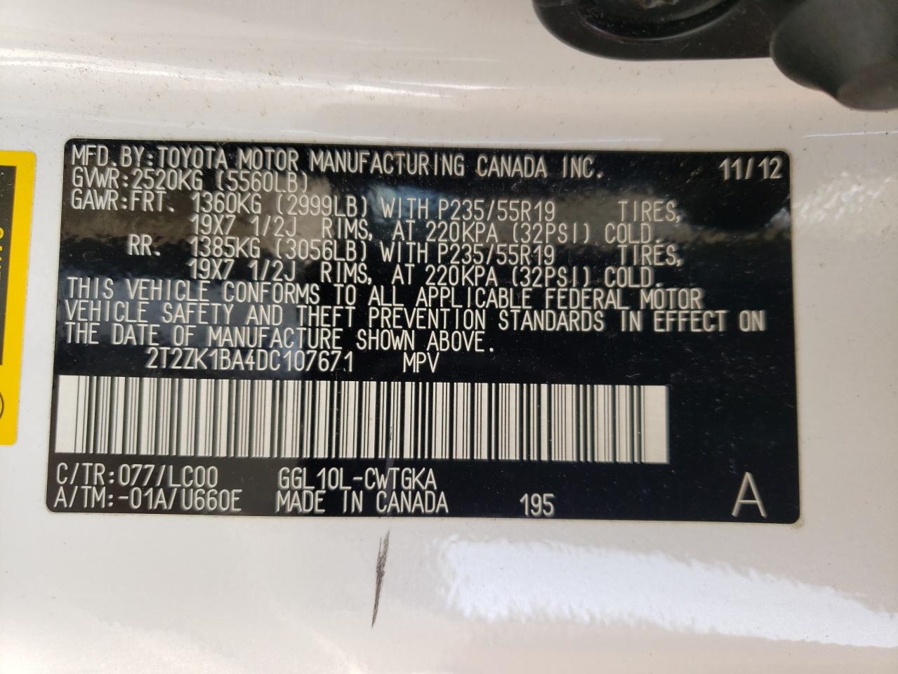 2013 Lexus Rx 350 VIN: 2T2ZK1BA4DC107671 Lot: 71390465