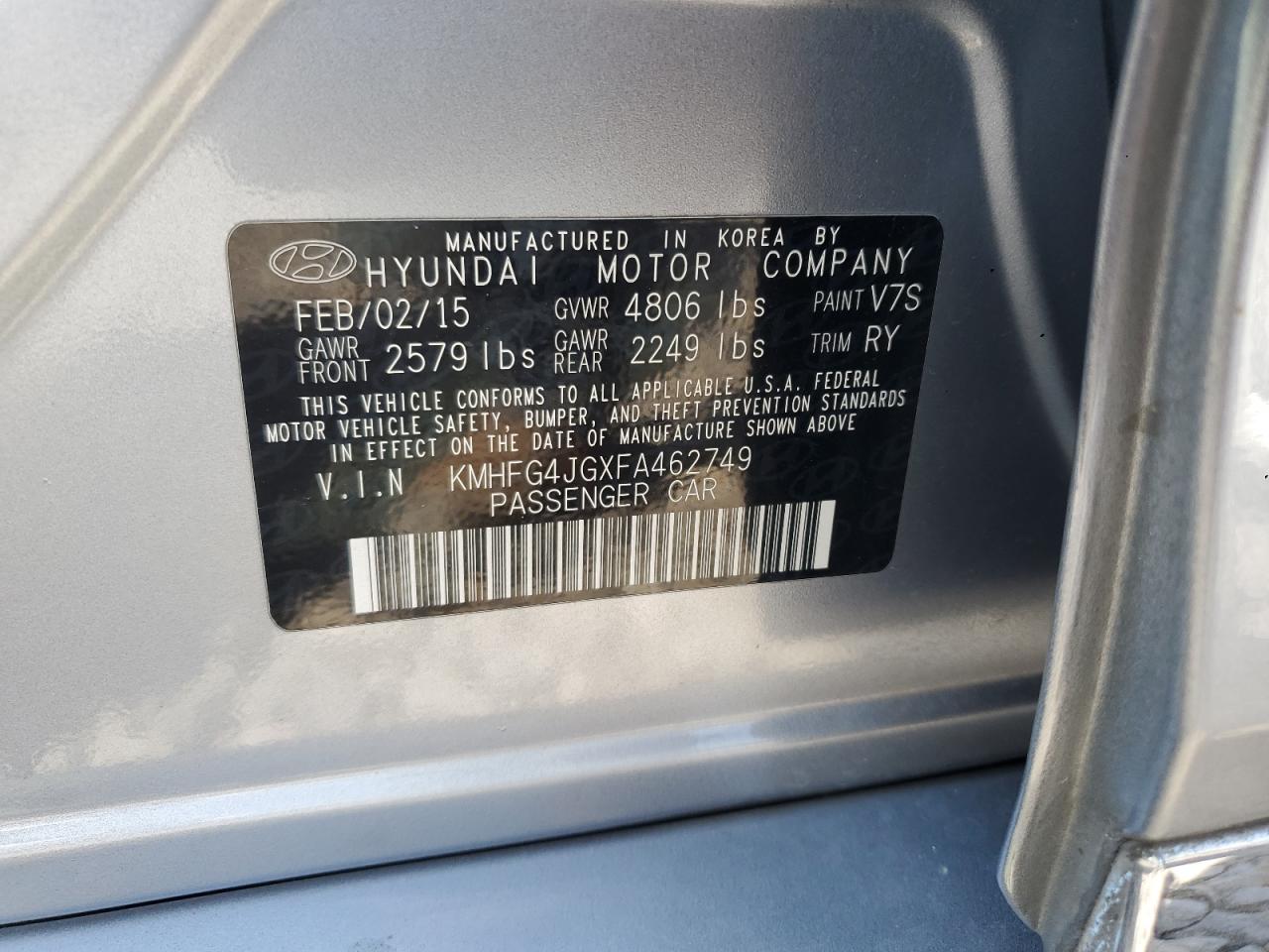 2015 Hyundai Azera VIN: KMHFG4JGXFA462749 Lot: 81202055