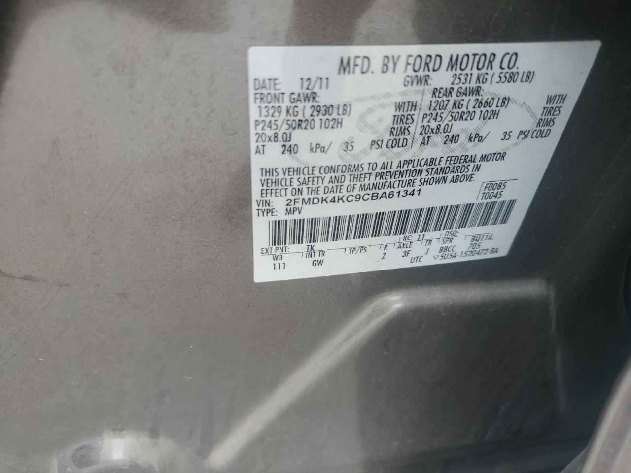 2012 Ford Edge Limited VIN: 2FMDK4KC9CBA61341 Lot: 71500175