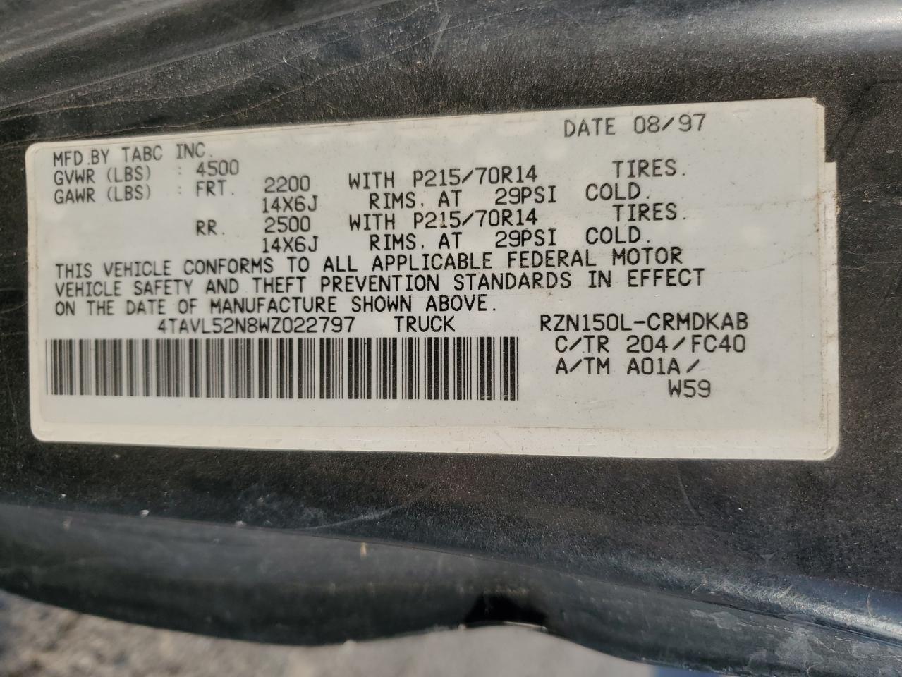 1998 Honda Uk VIN: 4TAVL52N8WZ022797 Lot: 81831305