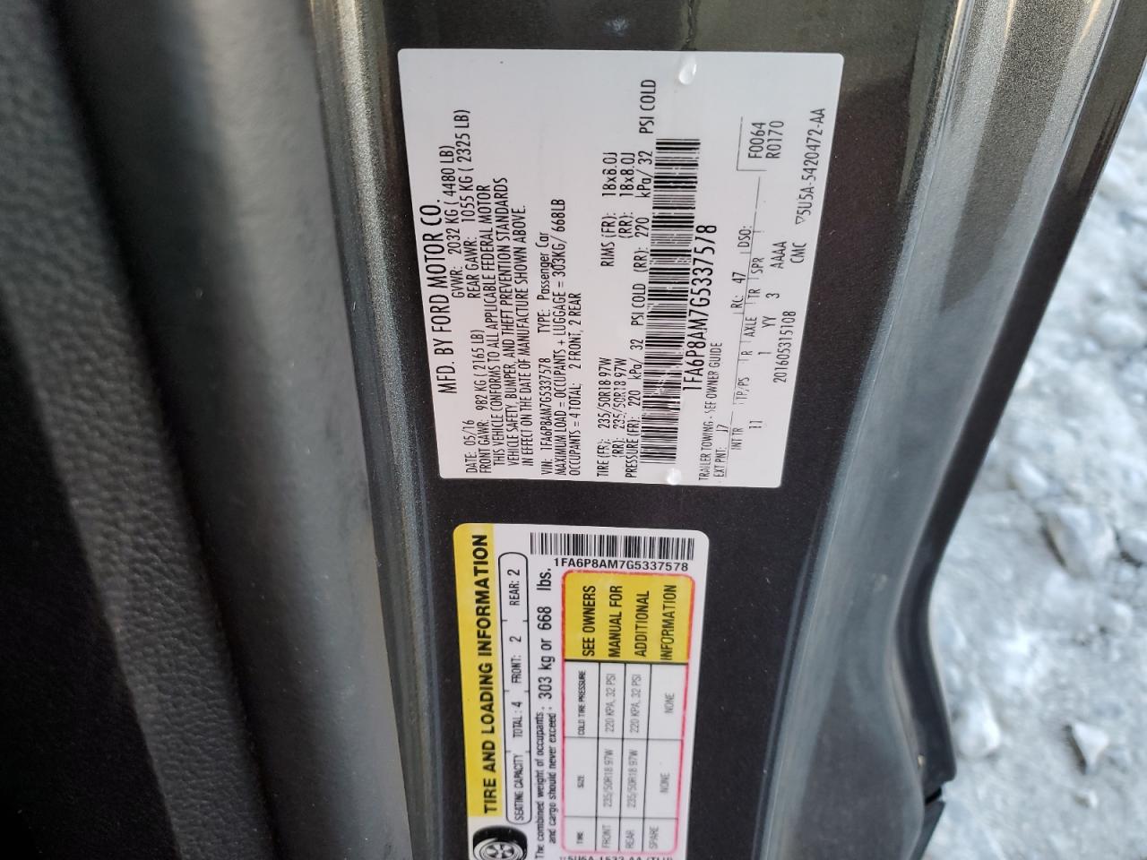 2016 Ford Mustang VIN: 1FA6P8AM7G5337578 Lot: 71349895