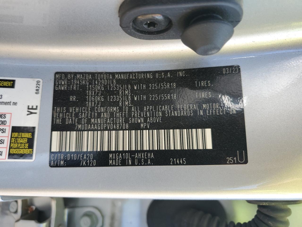 2023 Toyota Corolla Cross Xle VIN: 7MUDAAAG0PV048708 Lot: 71272525
