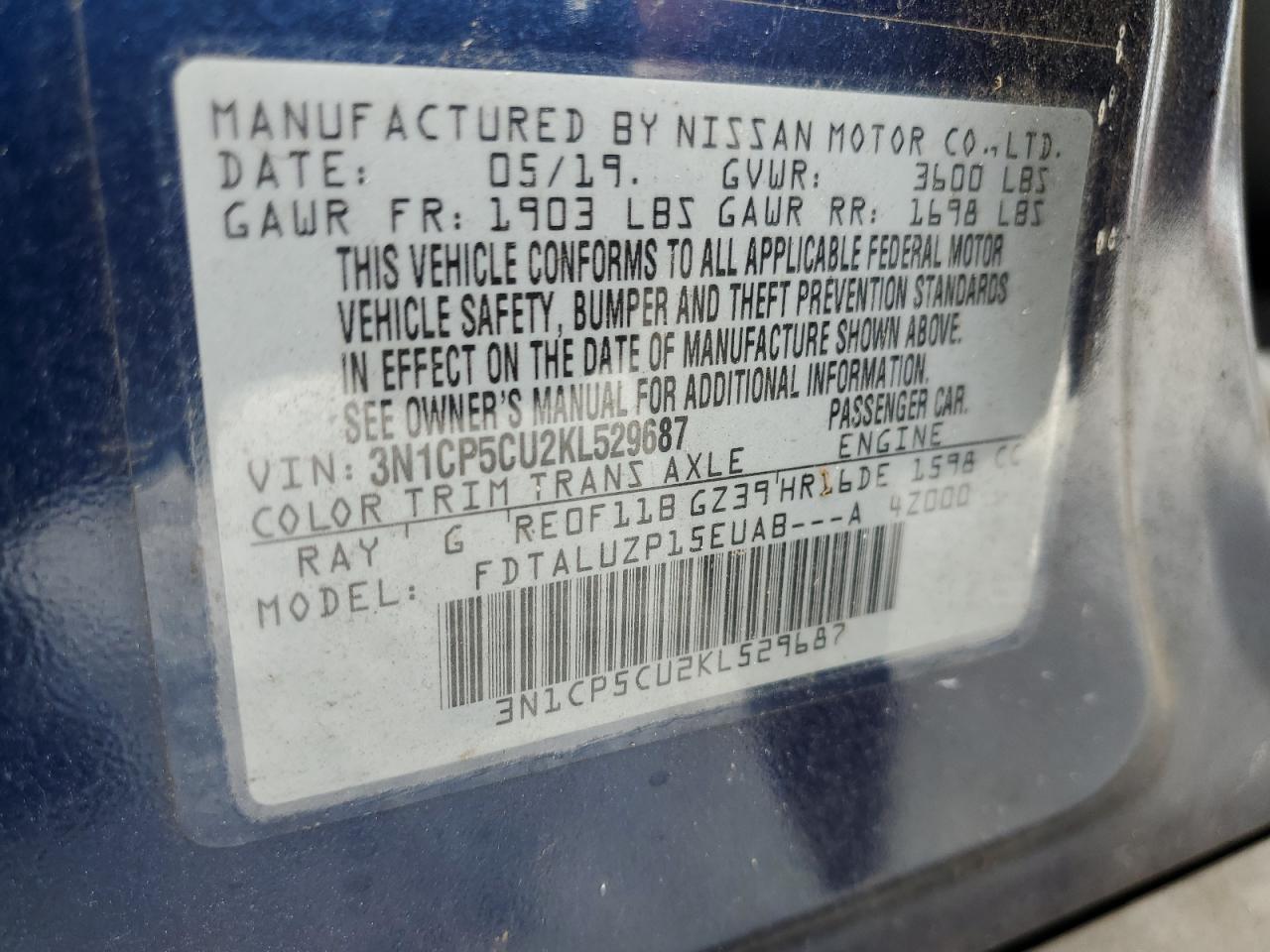 2019 Nissan Kicks S VIN: 3N1CP5CU2KL529687 Lot: 81578255