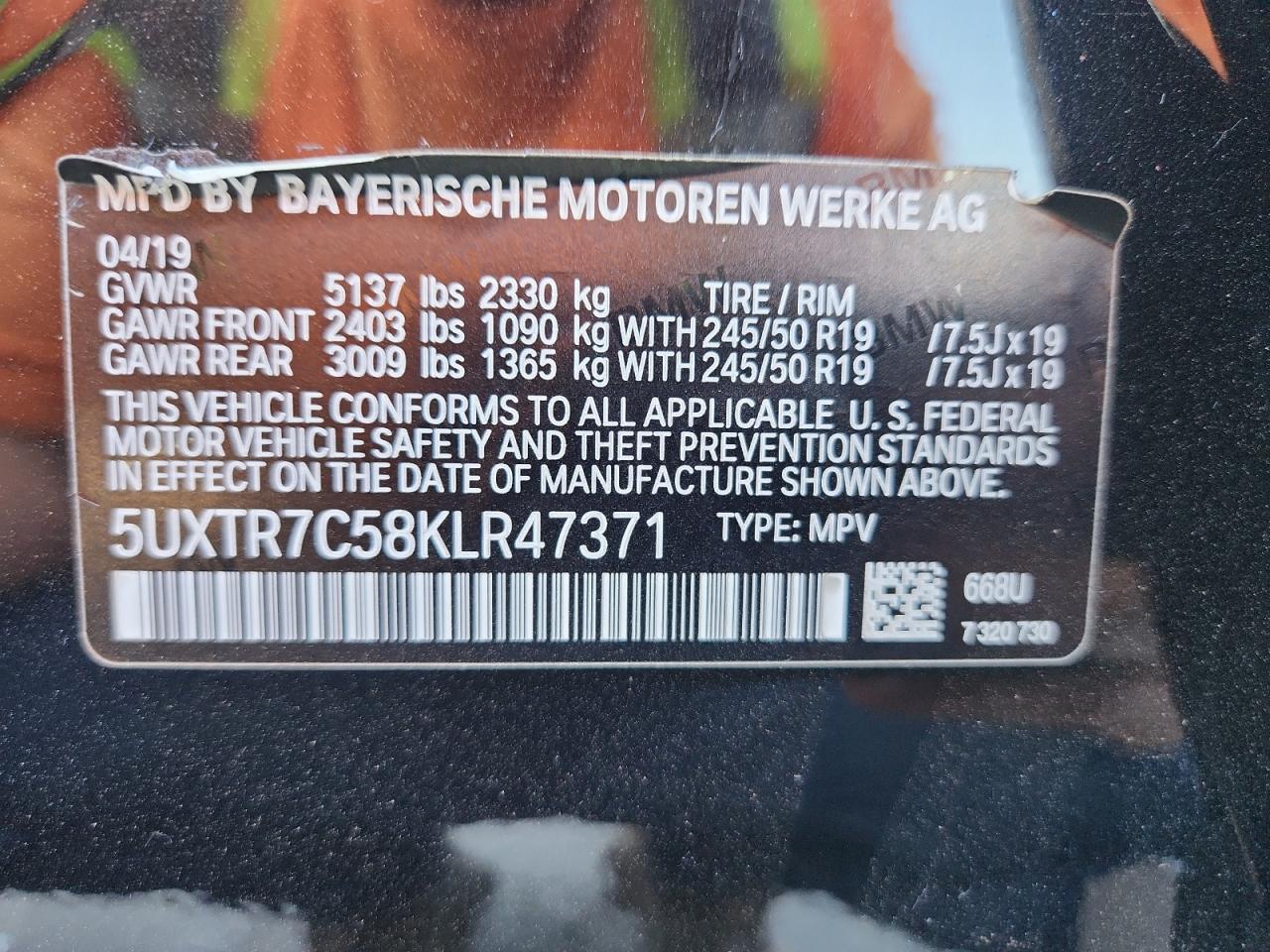 2019 BMW X3 Sdrive30I VIN: 5UXTR7C58KLR47371 Lot: 81439015