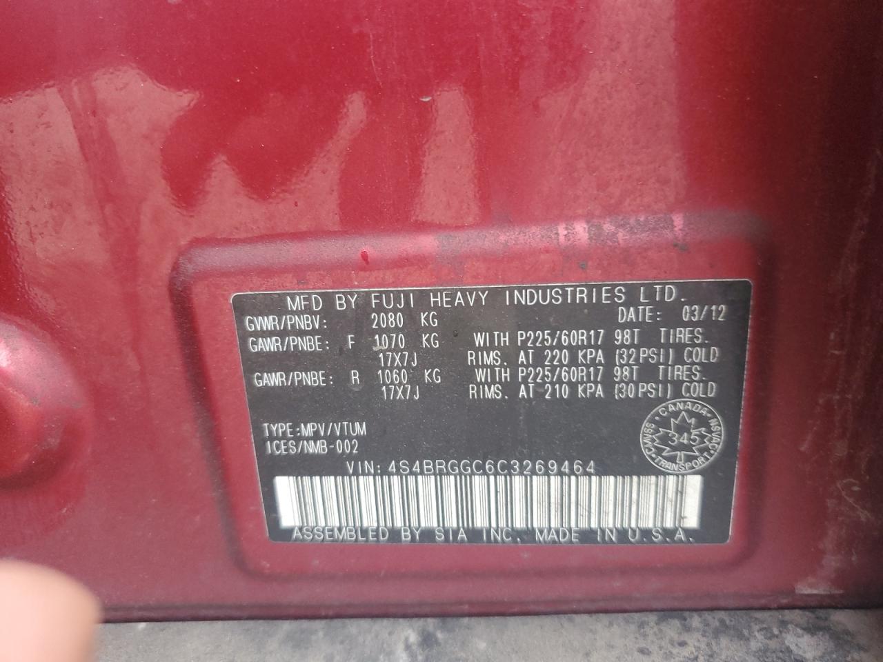 2012 Subaru Outback 2.5I Premium VIN: 4S4BRGGC6C3269464 Lot: 83971085