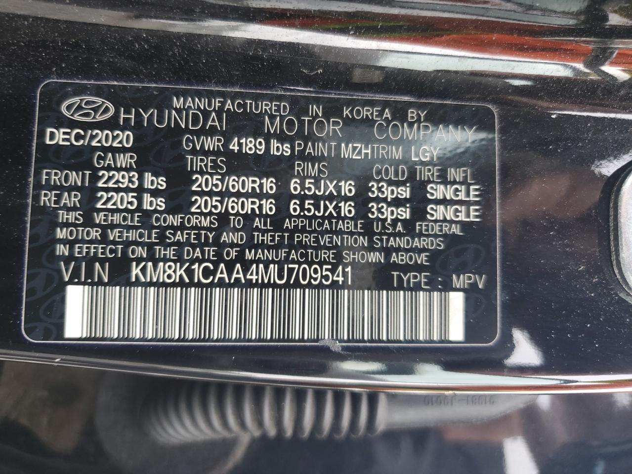 2021 Hyundai Kona Se VIN: KM8K1CAA4MU709541 Lot: 81744275
