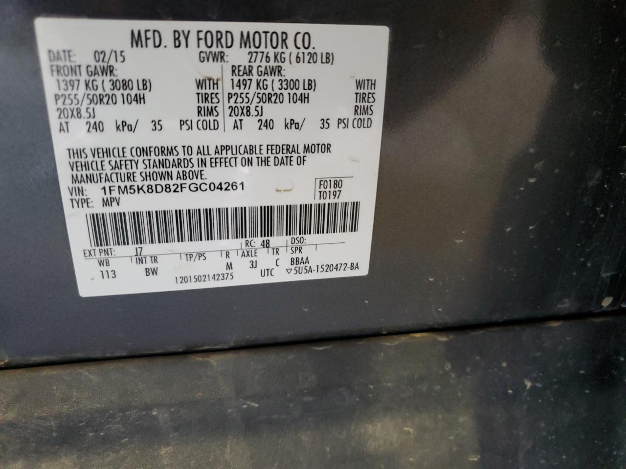 2015 Ford Explorer Xlt VIN: 1FM5K8D82FGC04261 Lot: 72027335