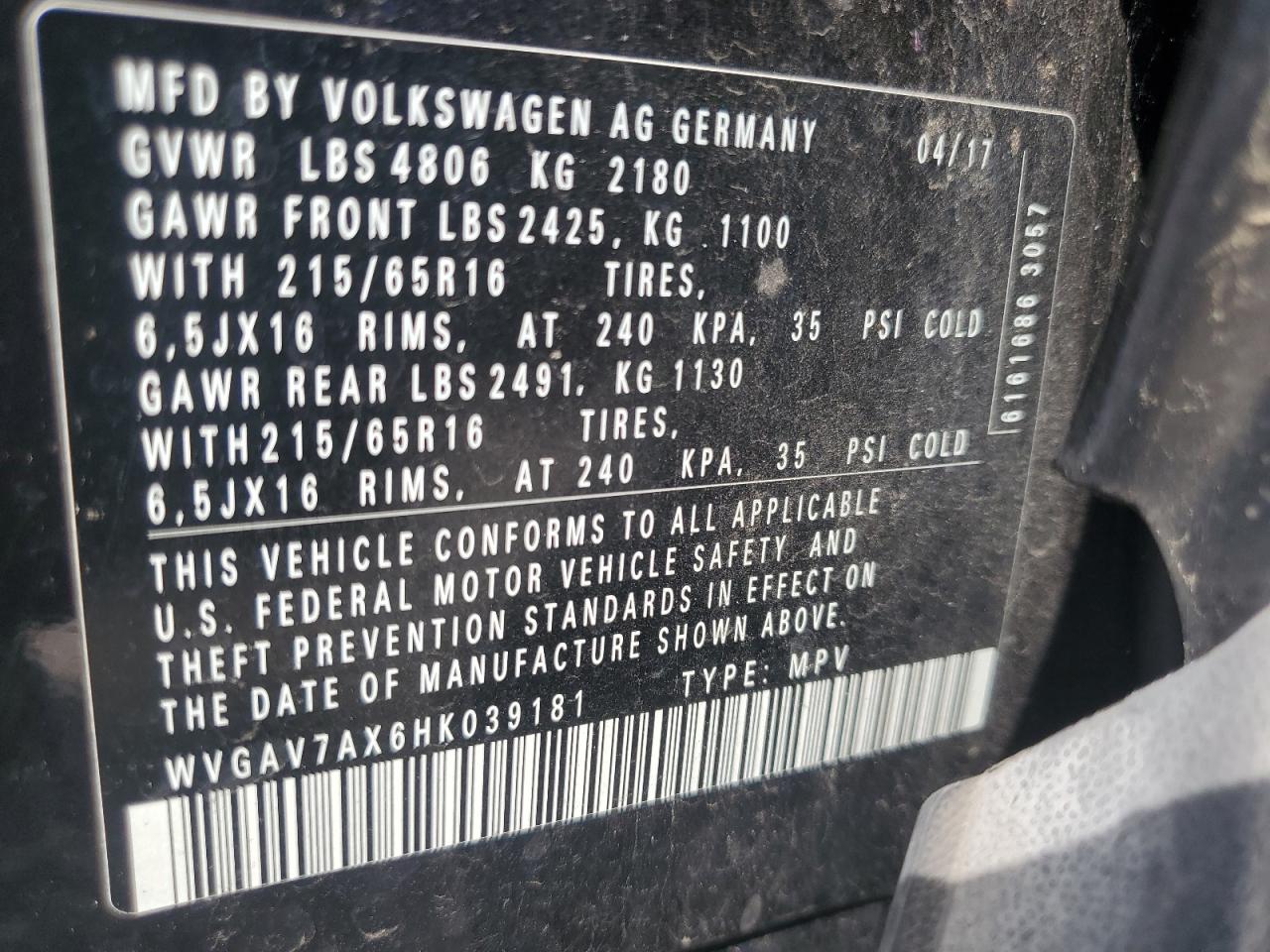 2017 Volkswagen Tiguan S VIN: WVGAV7AX6HK039181 Lot: 80847845