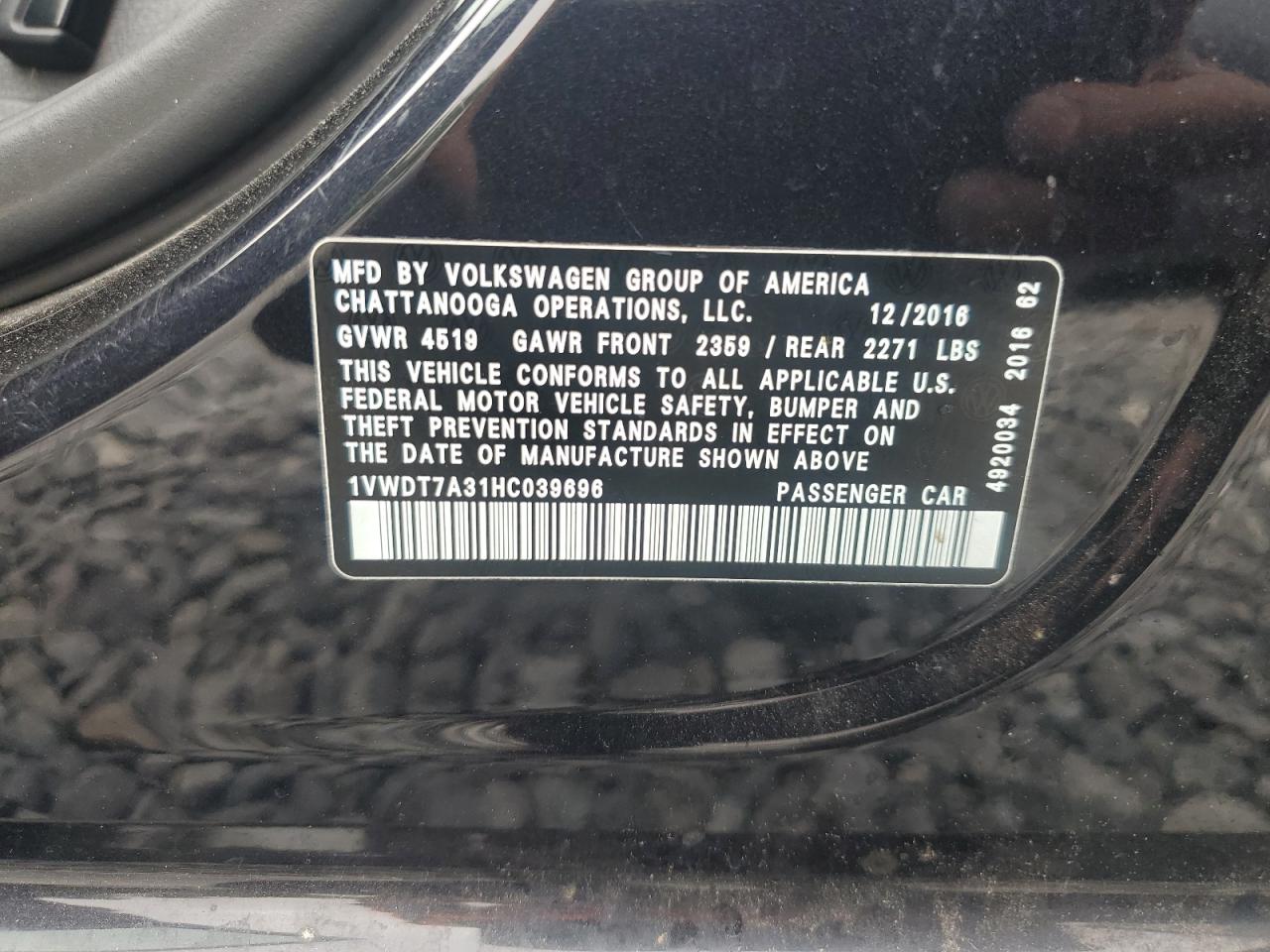 2017 Volkswagen Passat R-Line VIN: 1VWDT7A31HC039696 Lot: 80190265