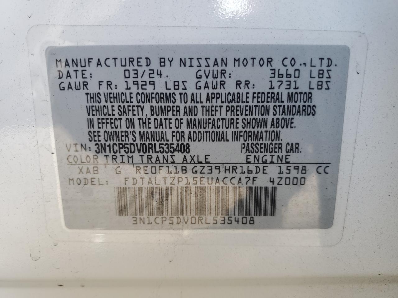 2024 Nissan Kicks Sr VIN: 3N1CP5DV0RL535408 Lot: 81867405