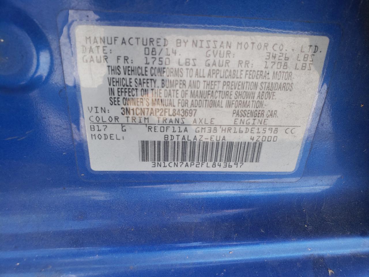 2015 Nissan Versa S VIN: 3N1CN7AP2FL843697 Lot: 71042495