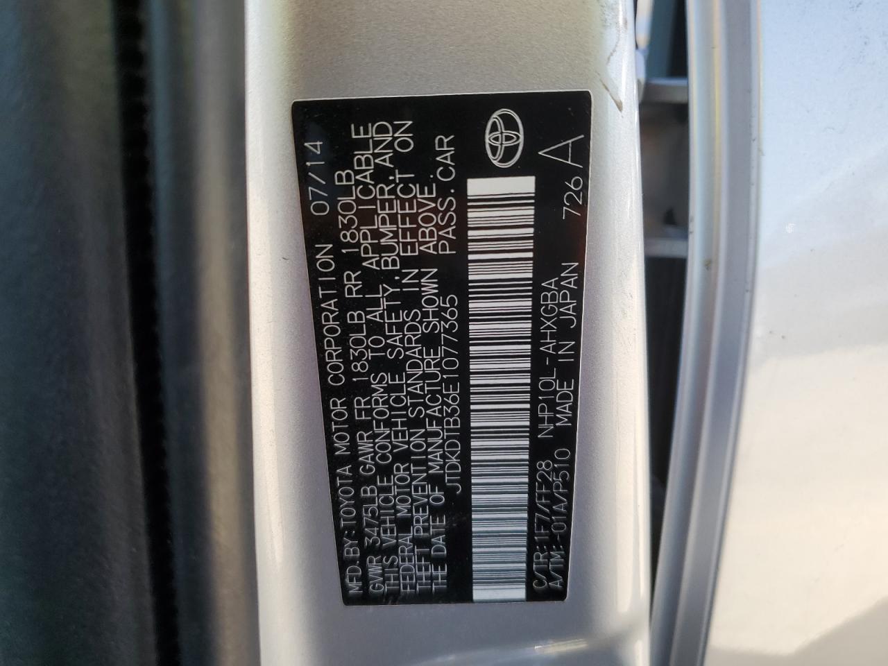 2014 Toyota Prius C VIN: JTDKDTB36E1077365 Lot: 84270755